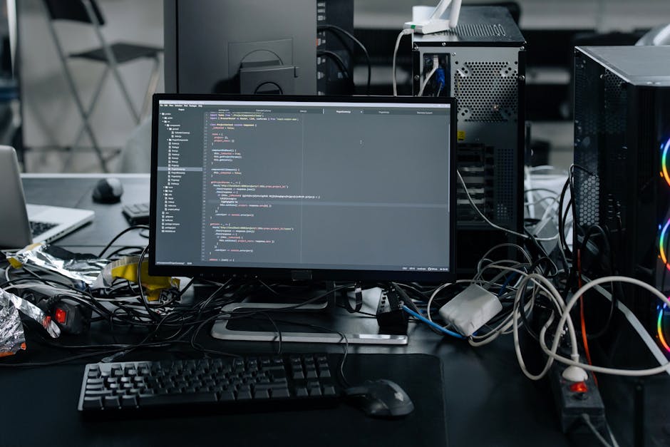 A close-up view of a computer screen displaying lines of colorful programming code in a dark environment. The code is highlighted in shades of green, blue, orange, and white, indicating syntax and fun